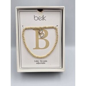 Belk Gold Tone Beaded Bracelet Cubic Zirconia Initial‎ Charm B Adjustable New